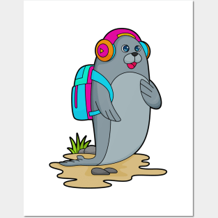 Seal as Hiker with Backpack Posters and Art